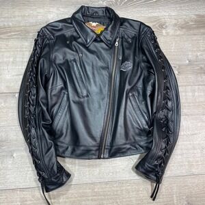 Harley Davidson Women's Black Genuine Leather Lace Up Jacket Motorcycle